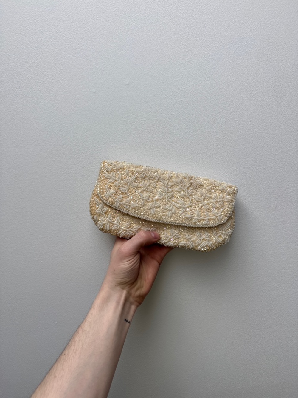 Vintage Cream Beaded Clutch Wristlet